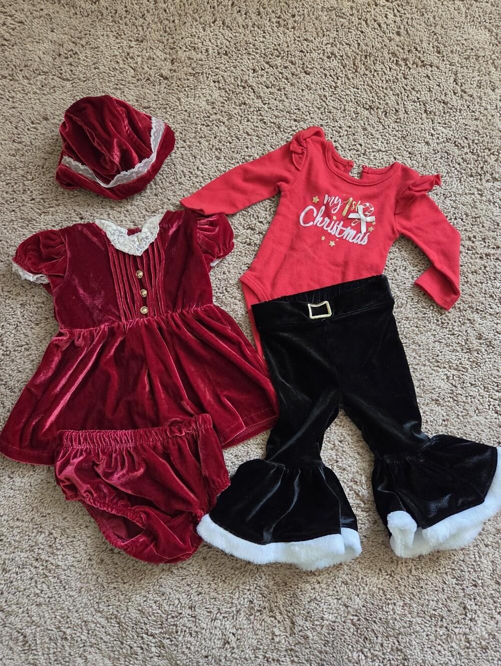 Nicole Miller Red Velvet Holiday Dress and Black Faux-Fur Bell Bottom Baby 6-9 M